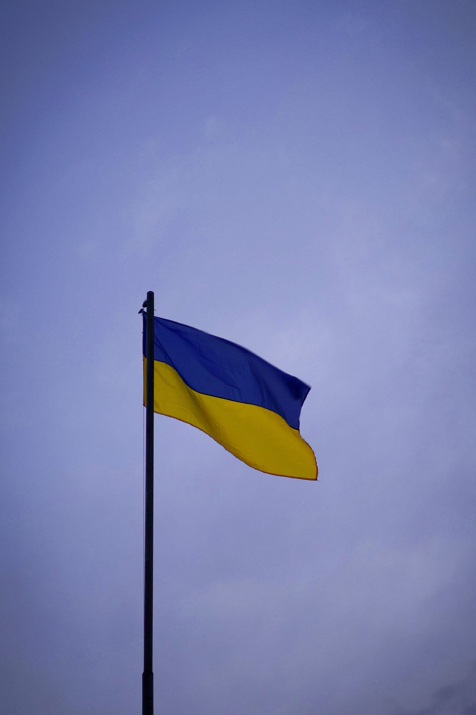 Український прапор майорить на флагштоку на тлі ясного неба
